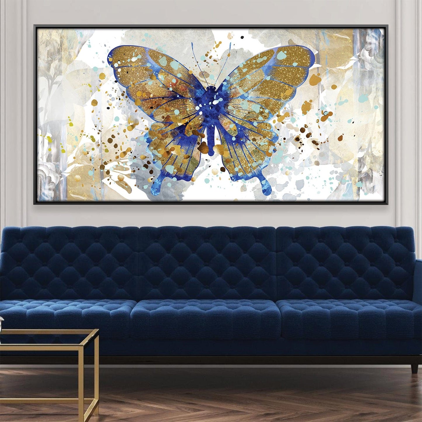 Vibrant Gold and Blue Butterfly Abstract Oil Painting for Modern Decor