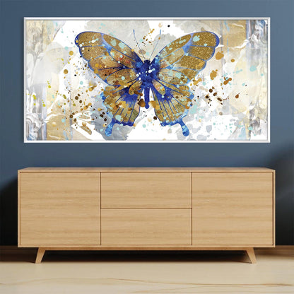 Vibrant Gold and Blue Butterfly Abstract Oil Painting for Modern Decor