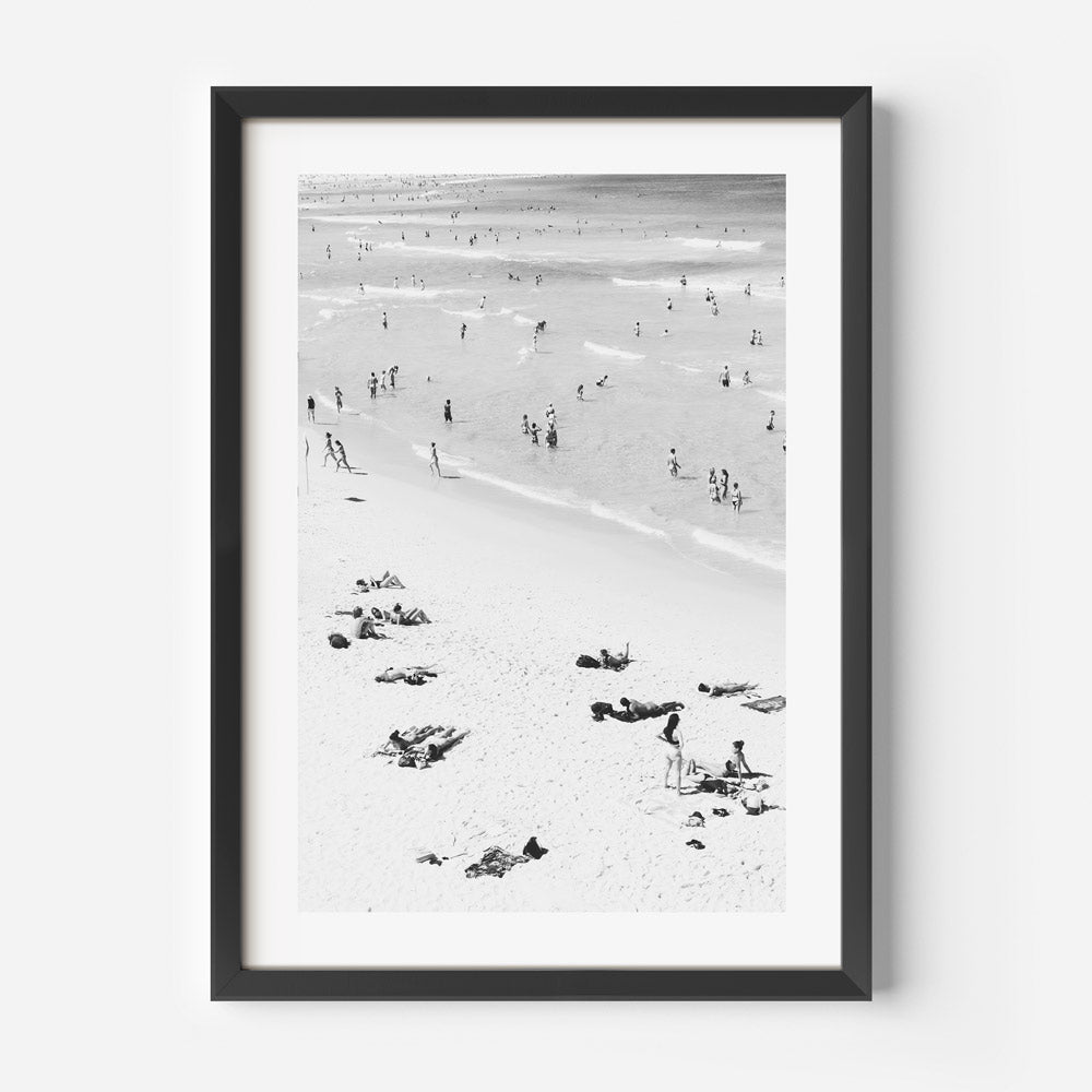 Black and White Bondi Beach Scene with Bathers and Sunbathers