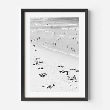 Black and White Bondi Beach Scene with Bathers and Sunbathers
