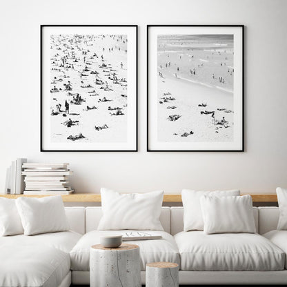 Black and White Bondi Beach Scene with Bathers and Sunbathers