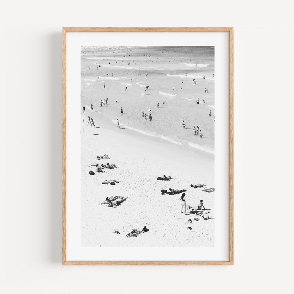 Black and White Bondi Beach Scene with Bathers and Sunbathers