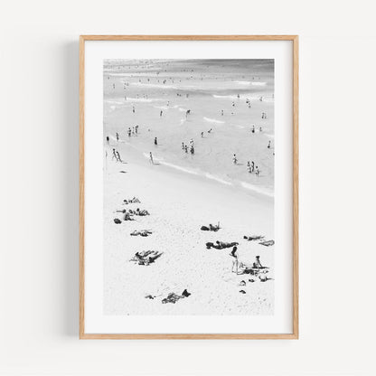 Black and White Bondi Beach Scene with Bathers and Sunbathers