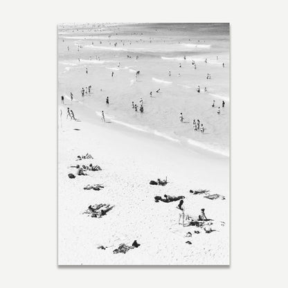 Black and White Bondi Beach Scene with Bathers and Sunbathers