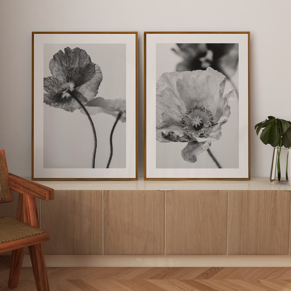 Elegant Black and White Poppies Floral Oil Painting for Modern Home Decor