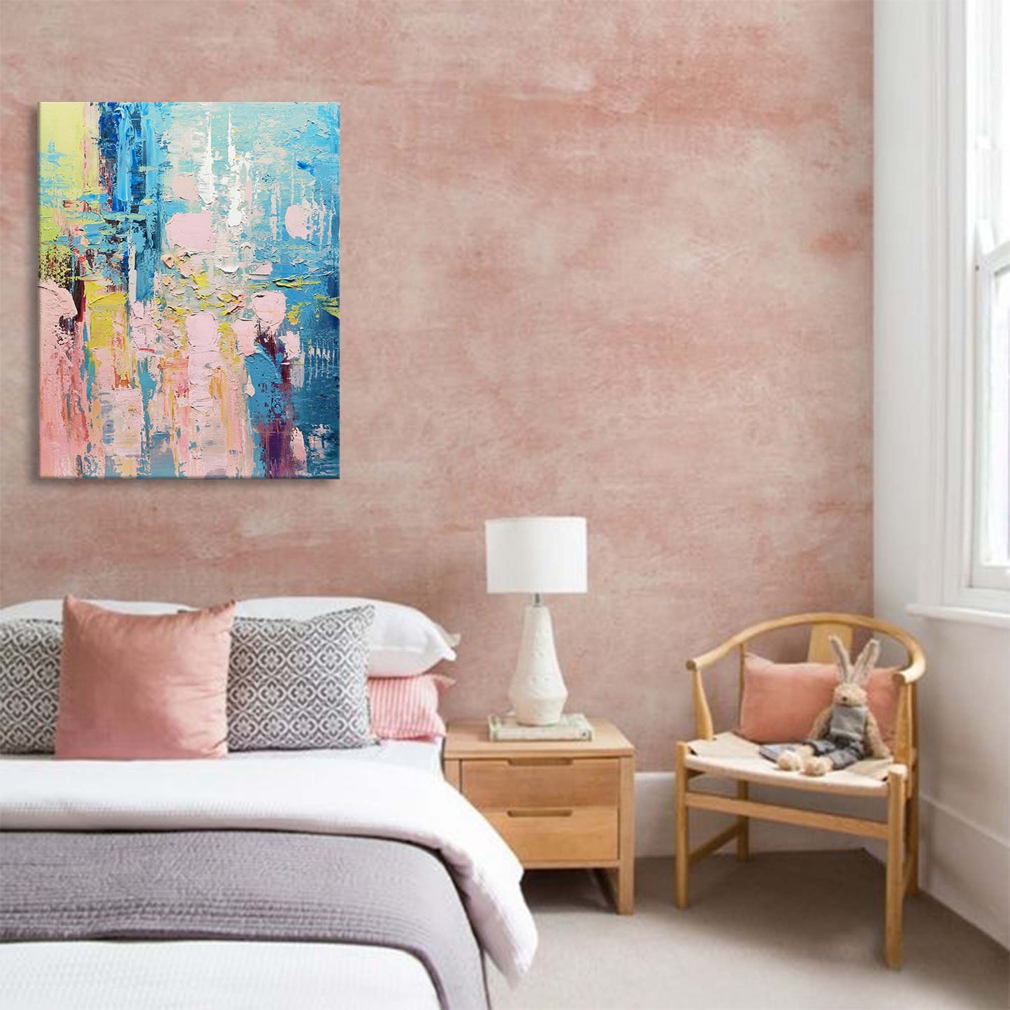 Vibrant Abstract Oil Painting with Blue and Pink Tones for Modern Home Decor