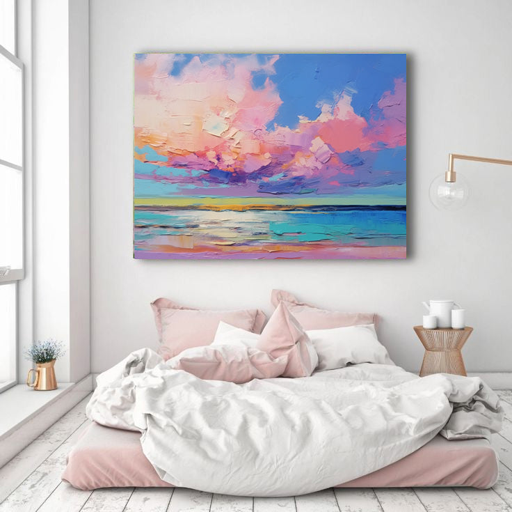 Vibrant Coastal Sunset Oil Painting | Colorful Seascape Wall Art for Home Decor