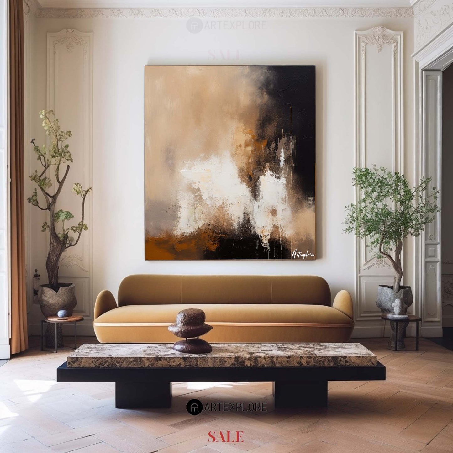Contemporary Abstract Oil Painting with Earthy Tones and Bold Brushstrokes