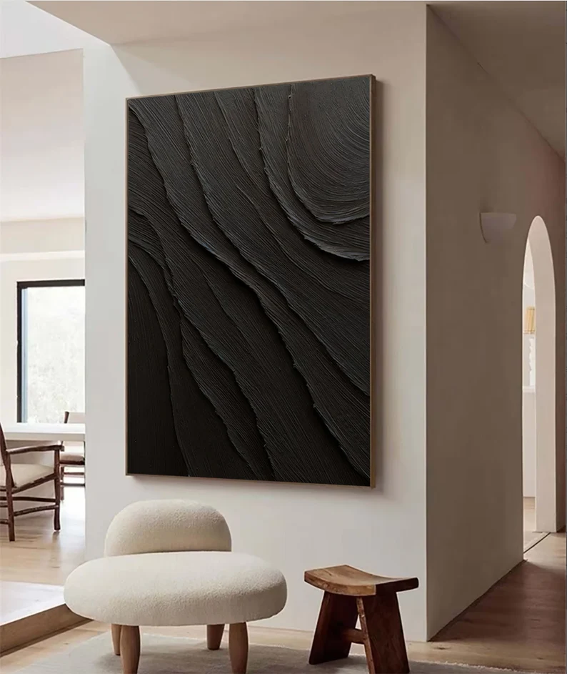 Elegant Minimalist Black Abstract Oil Painting for Contemporary Decor