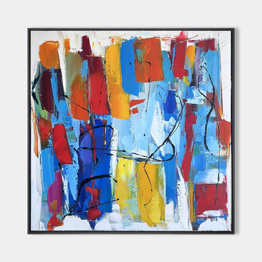 Vibrant Abstract Square Oil Painting with Bold Colors and Dynamic Composition