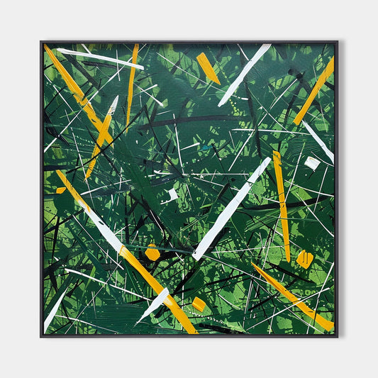 Vibrant Green Abstract Oil Painting with Bold Yellow and White Accents