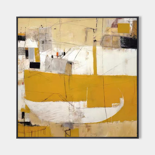 Contemporary Abstract Oil Painting with Yellow and White Harmony for Modern Decor