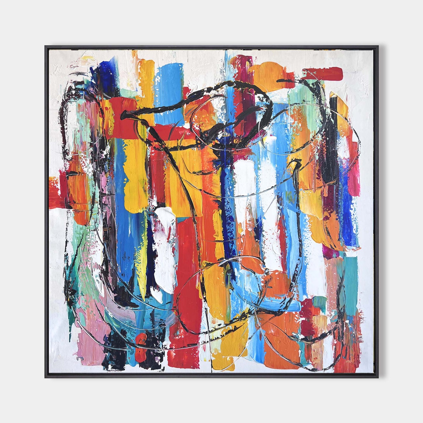 Vibrant Abstract Oil Painting with Colorful Geometric Shapes and Dynamic Lines