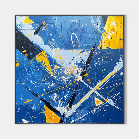 Vibrant Abstract Ocean Waves Oil Painting with Energetic Blue and Yellow Colors