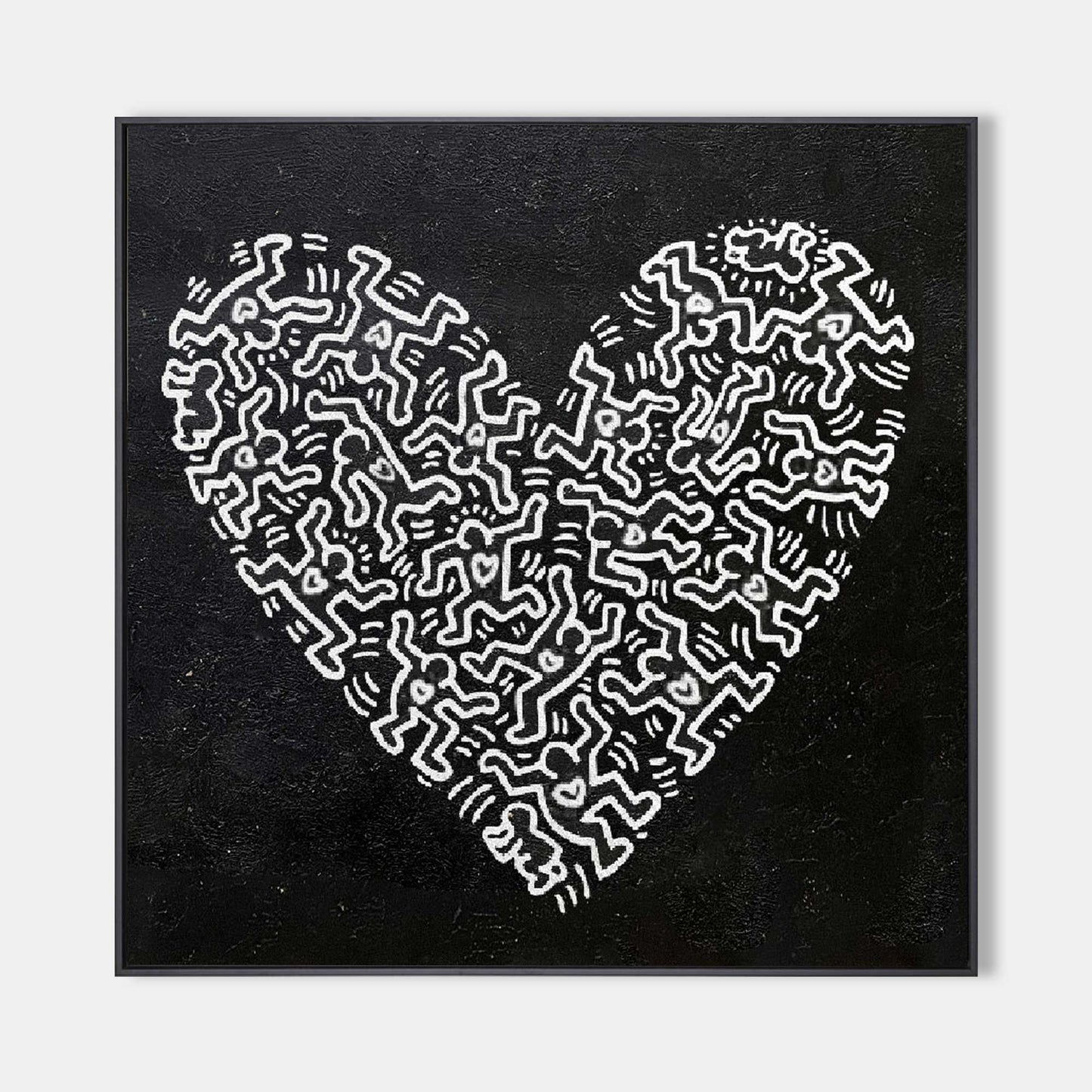 Abstract Heart Oil Painting in Bold Black and White Haring-Inspired Style