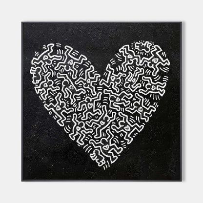 Abstract Heart Oil Painting in Bold Black and White Haring-Inspired Style