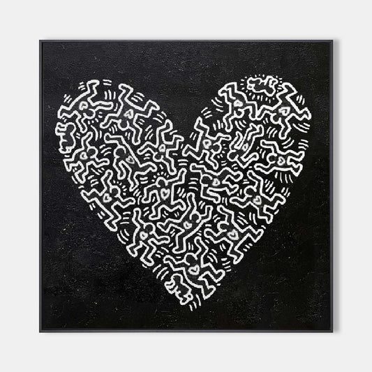 Abstract Heart Oil Painting in Bold Black and White Haring-Inspired Style