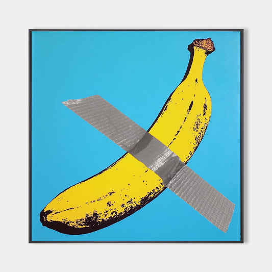 Colorful Banana Abstract Artwork with Tape on Vibrant Blue Canvas