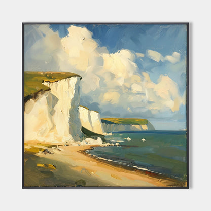 Coastal Serenity: Vibrant Oil Painting of Cliffs and Ocean Waves