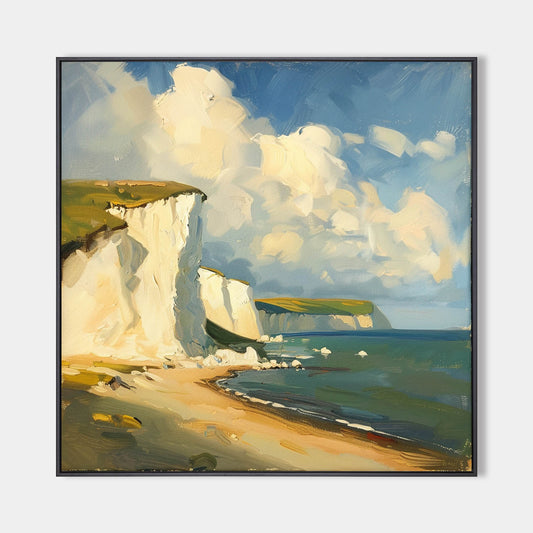 Coastal Serenity: Vibrant Oil Painting of Cliffs and Ocean Waves