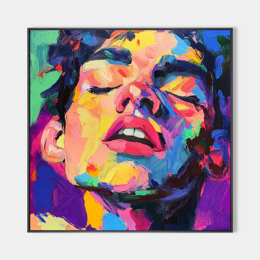 Vibrant Contemporary Abstract Oil Painting of Expressive Face in Bold Colors