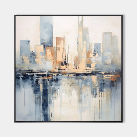 Contemporary Cityscape Oil Painting with Abstract Reflections