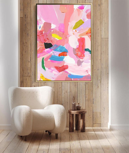 Vibrant Abstract Oil Painting in Pink and Colorful Brushstrokes for Modern Decor