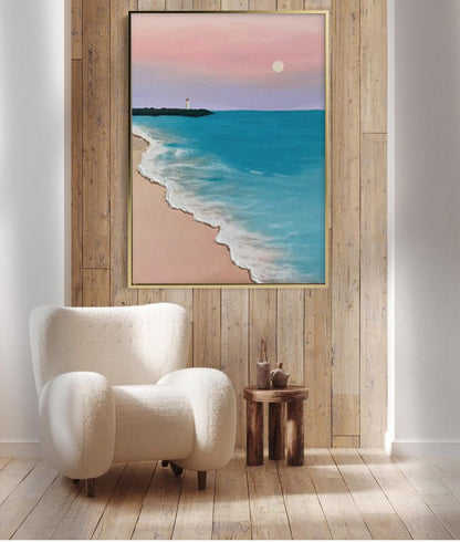 Serene Beach Sunset Oil Painting - Tranquil Ocean Waves and Lighthouse Art