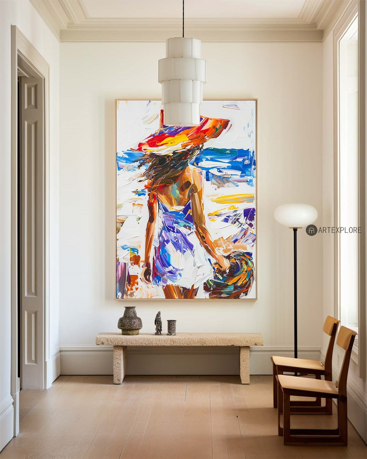 Vibrant Beach Escape: Modern Abstract Oil Painting of a Woman in a Sun Hat