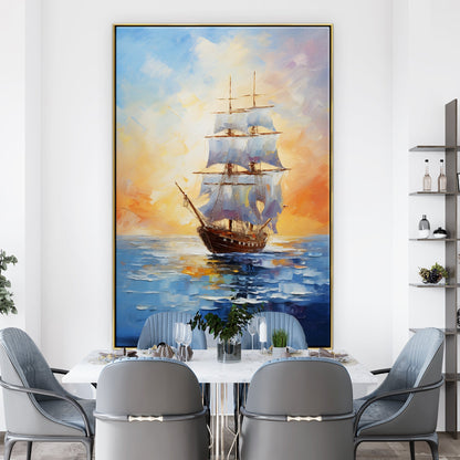 Serene Sailing Ship in Vibrant Ocean Sunset Oil Painting