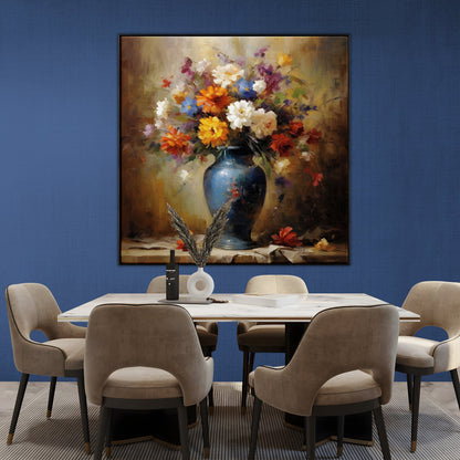 Colorful Autumn Floral Bouquet Oil Painting in Blue Vase for Home Decor