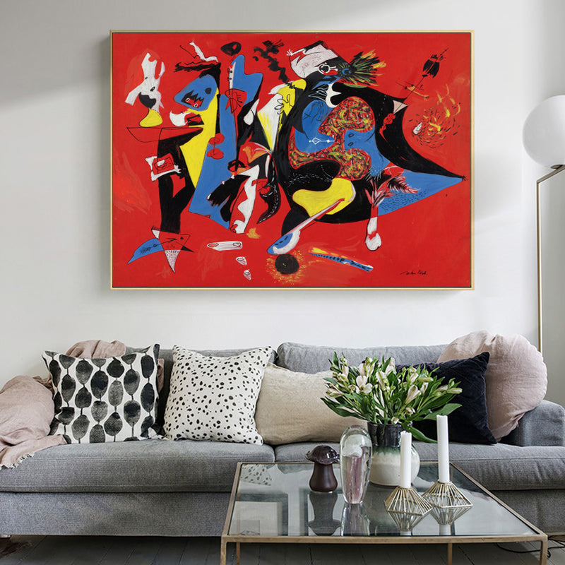 Vibrant Abstract Oil Painting of a Festive Celebration on Bold Red Canvas