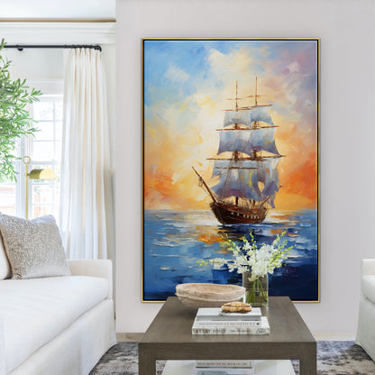 Serene Sailing Ship in Vibrant Ocean Sunset Oil Painting