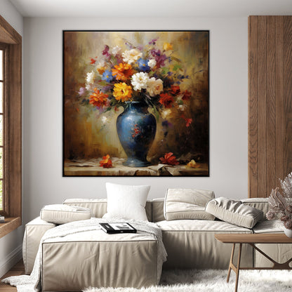 Colorful Autumn Floral Bouquet Oil Painting in Blue Vase for Home Decor