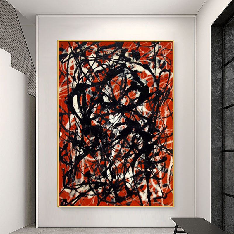 Abstract Oil Painting with Bold Red and Black Brush Strokes for Modern Decor