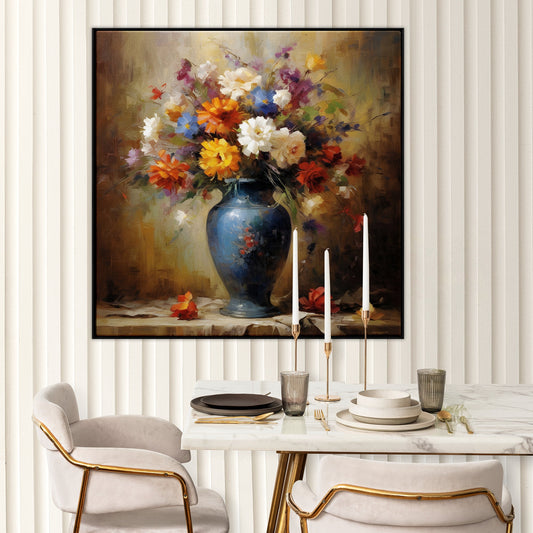 Colorful Autumn Floral Bouquet Oil Painting in Blue Vase for Home Decor