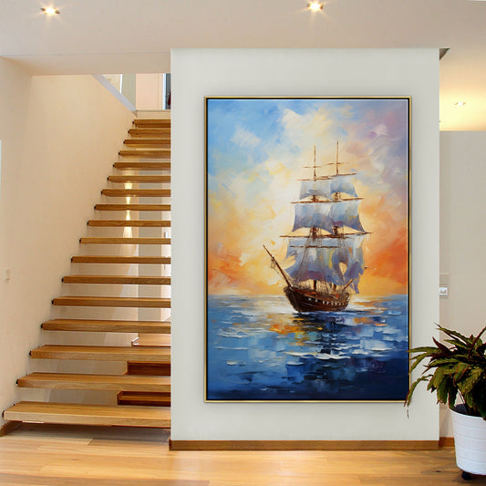 Serene Sailing Ship in Vibrant Ocean Sunset Oil Painting