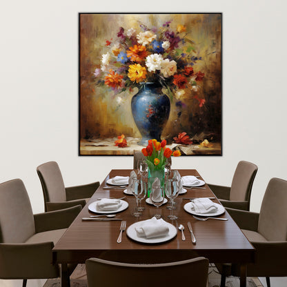 Colorful Autumn Floral Bouquet Oil Painting in Blue Vase for Home Decor