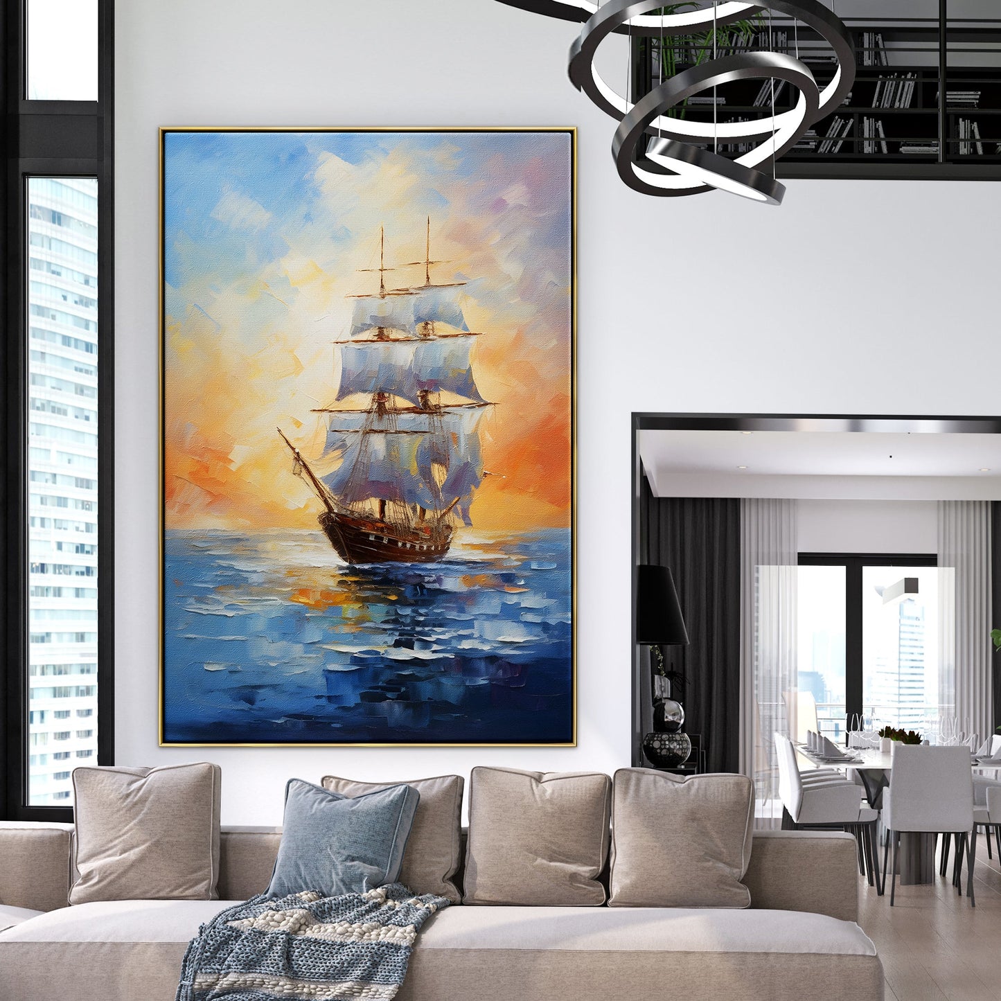 Serene Sailing Ship in Vibrant Ocean Sunset Oil Painting