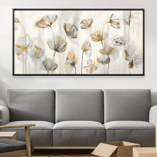 Serene Floral Oil Painting with Elegant Gold Accents for Home Decor