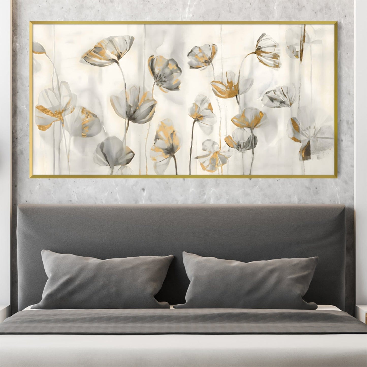 Serene Floral Oil Painting with Elegant Gold Accents for Home Decor