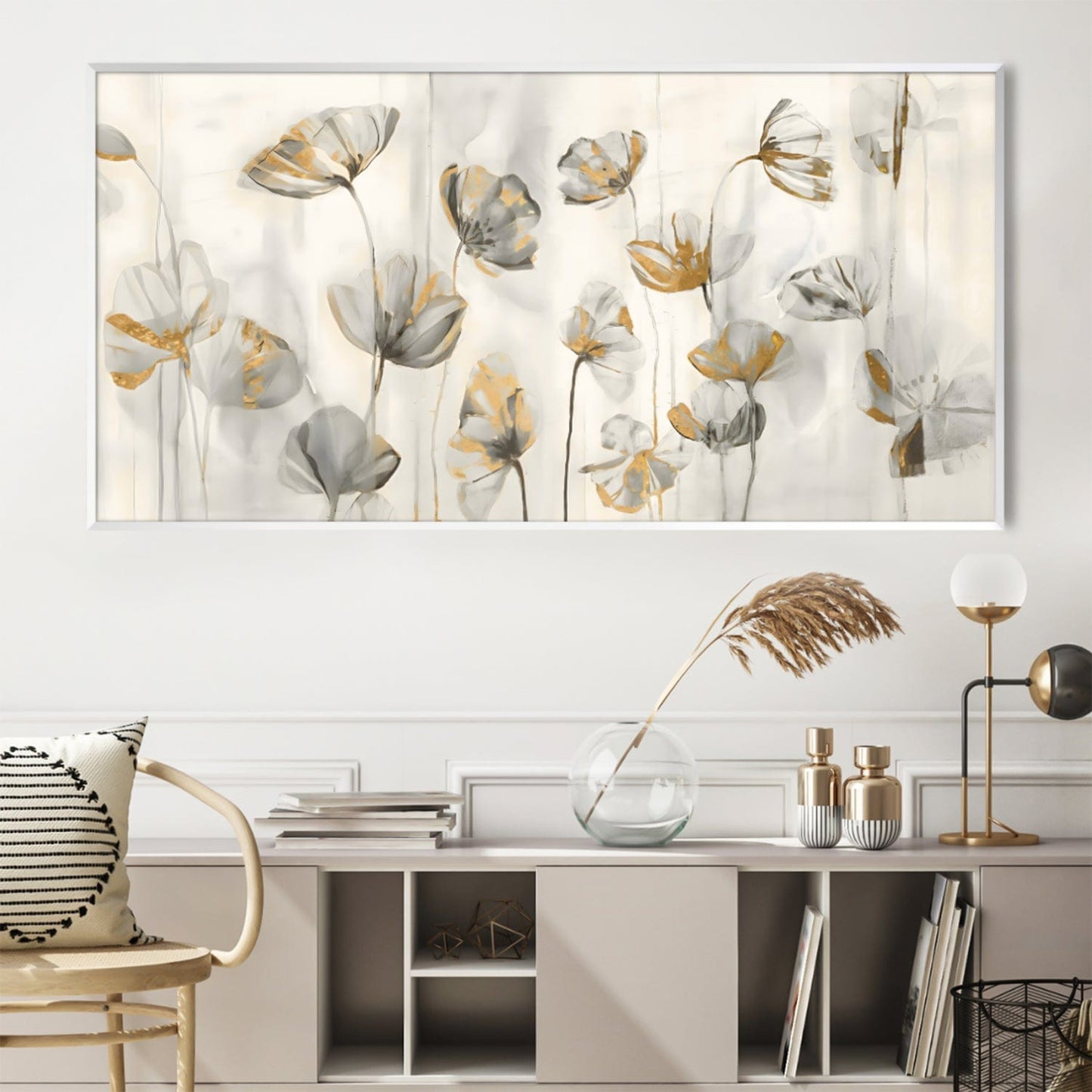 Serene Floral Oil Painting with Elegant Gold Accents for Home Decor