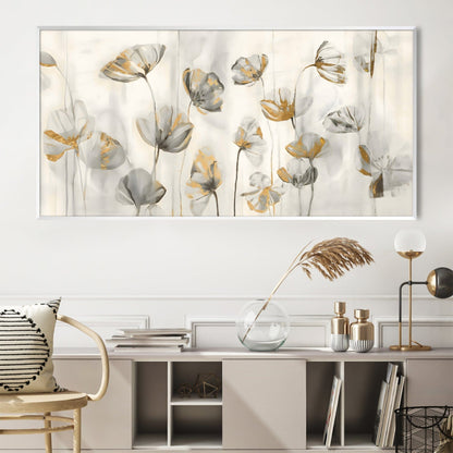Serene Floral Oil Painting with Elegant Gold Accents for Home Decor