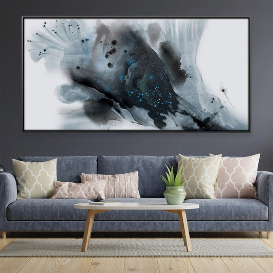 Abstract Ocean Waves Oil Painting in Blue and Black Tones for Modern Decor