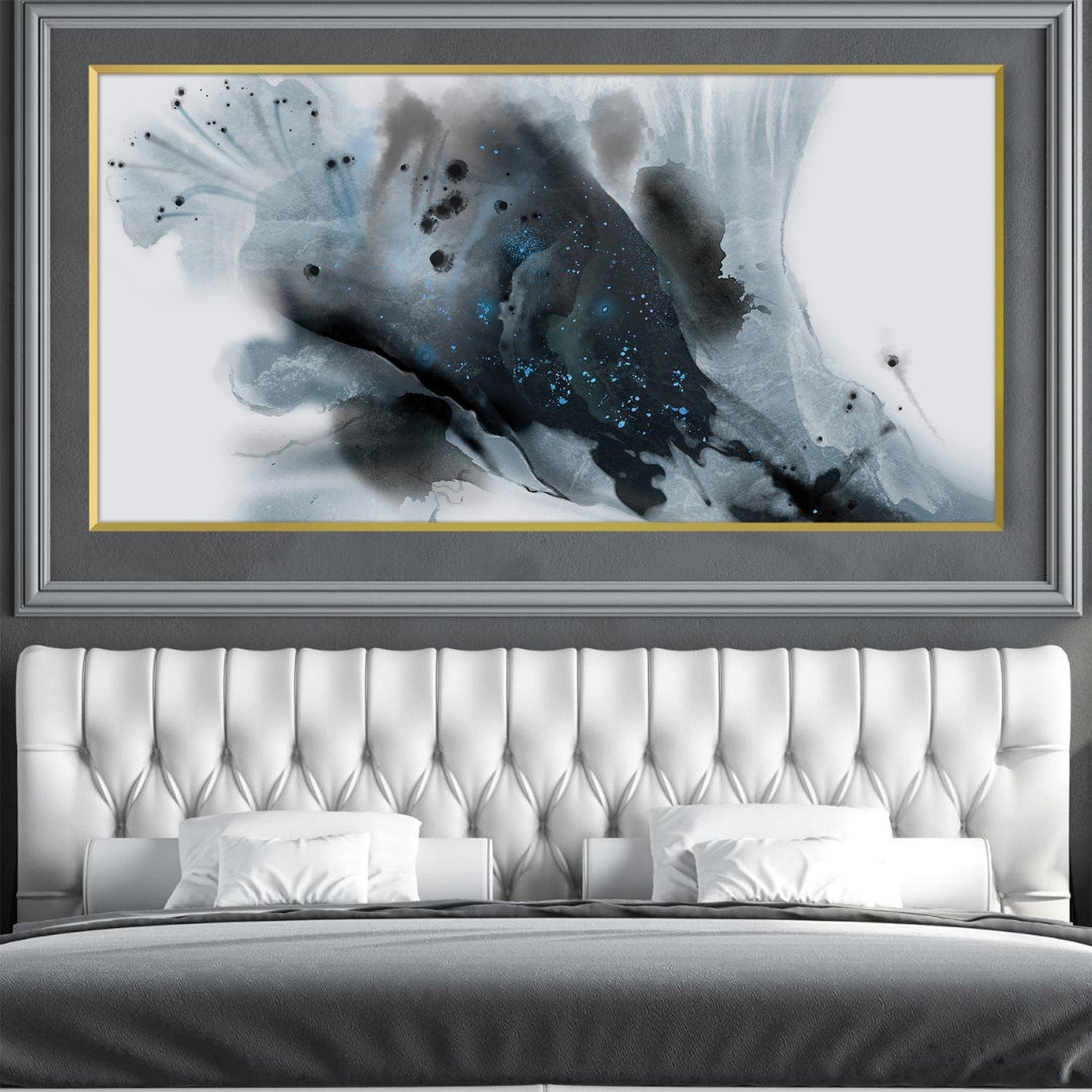 Abstract Ocean Waves Oil Painting in Blue and Black Tones for Modern Decor