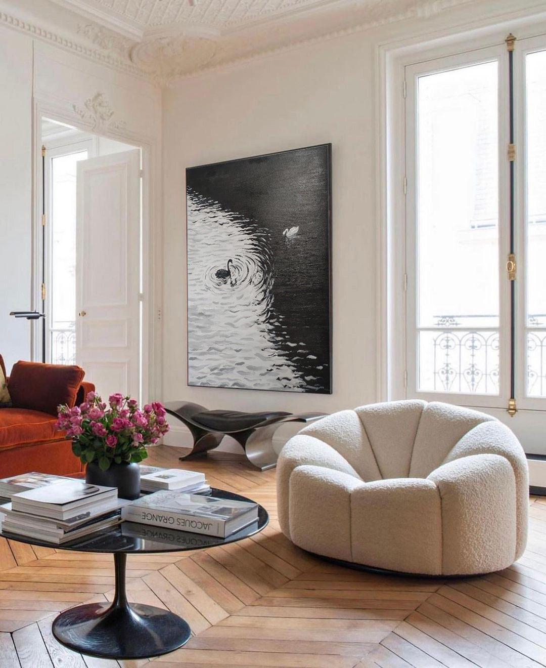 Elegant Swans on Water Black and White Oil Painting Canvas Art