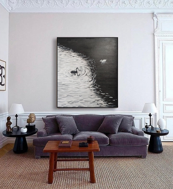 Elegant Swans on Water Black and White Oil Painting Canvas Art