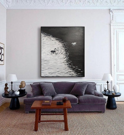 Elegant Swans on Water Black and White Oil Painting Canvas Art