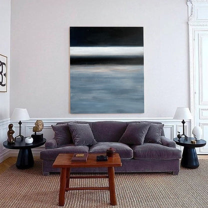 Serene Modern Abstract Oil Painting in Blue and Black for Contemporary Home Décor