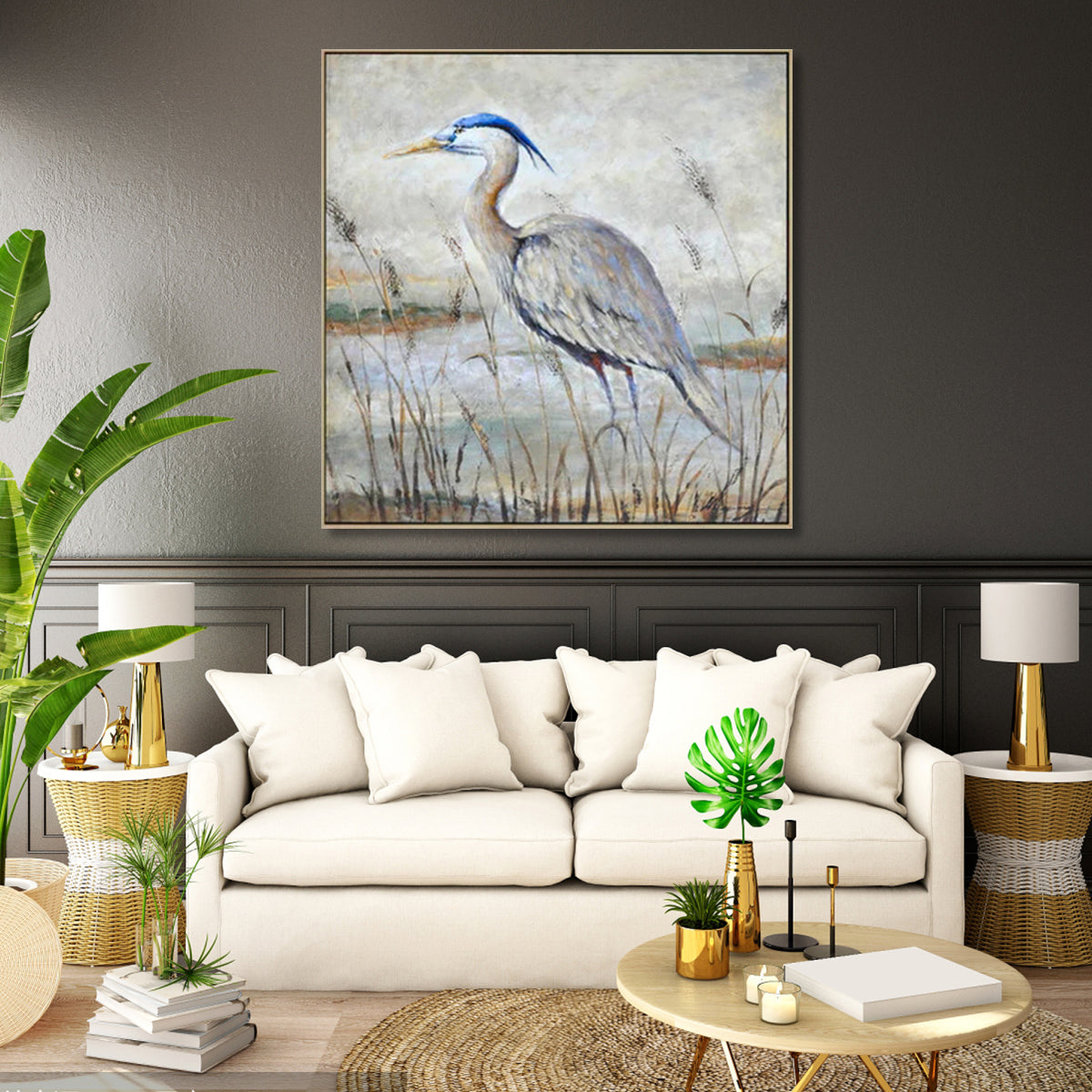 Elegant Heron in Tranquil Waters - Serene Landscape Oil Painting